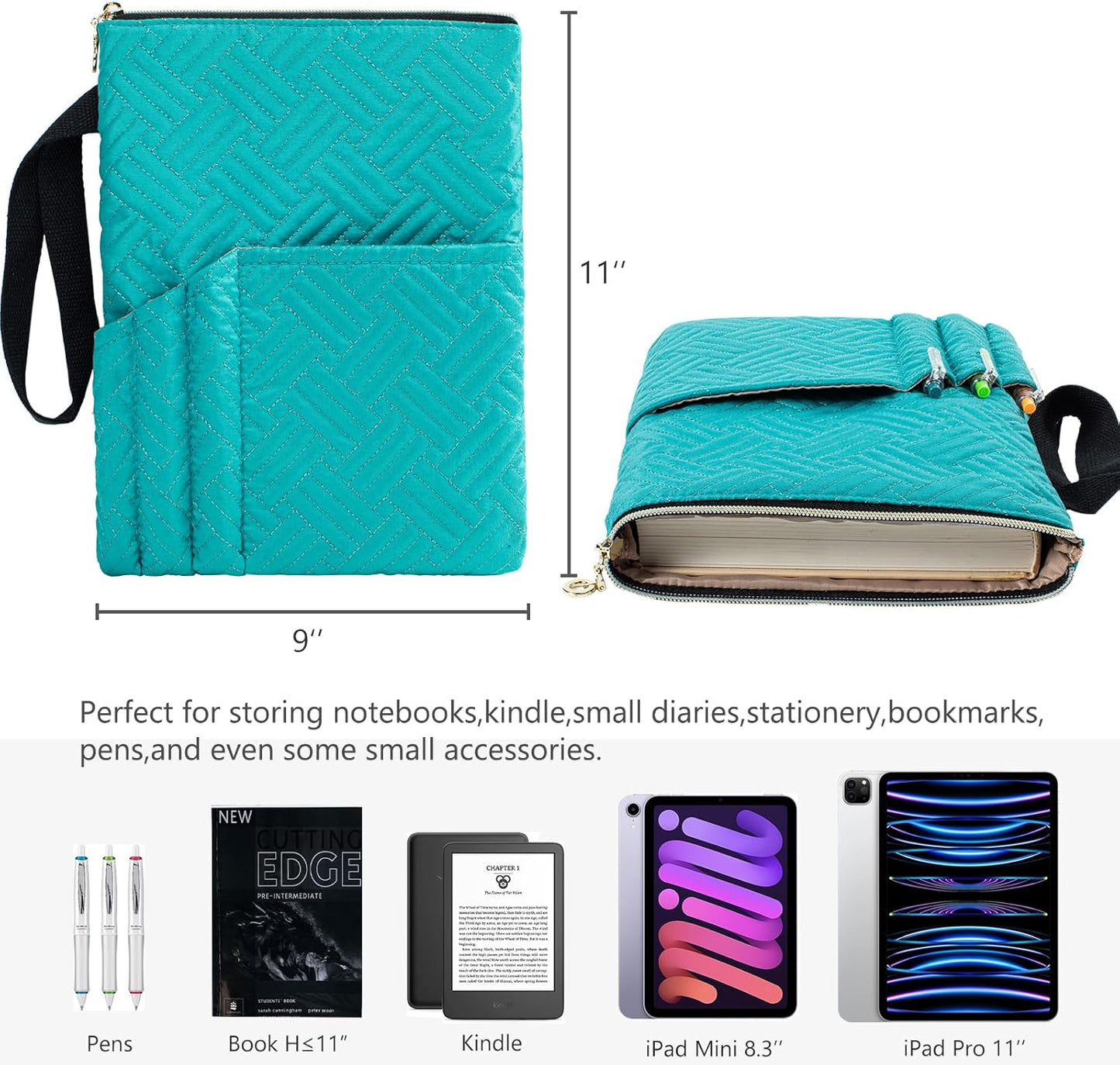 APLUFINE Book Sleeve with Zipper, 11"X9" Padded Book Protector, Washable Quilted Book Covers for Paperbacks, Book Pouch with Pockets for Book Lover Gifts