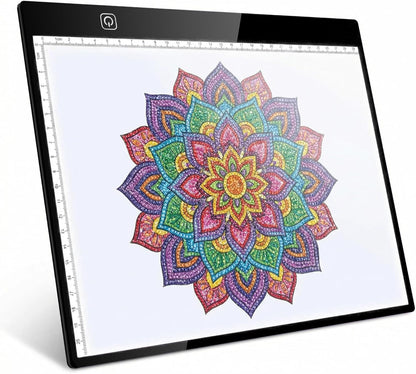 A4 Ultra-Thin LED Light Pad with Scale - 5000 Lux Stepless Dimmer Light Box for Diamond Painting, Tracing & Sketching - USB Powered Portable Light Table for Artists, Tattoos & Animation - Black