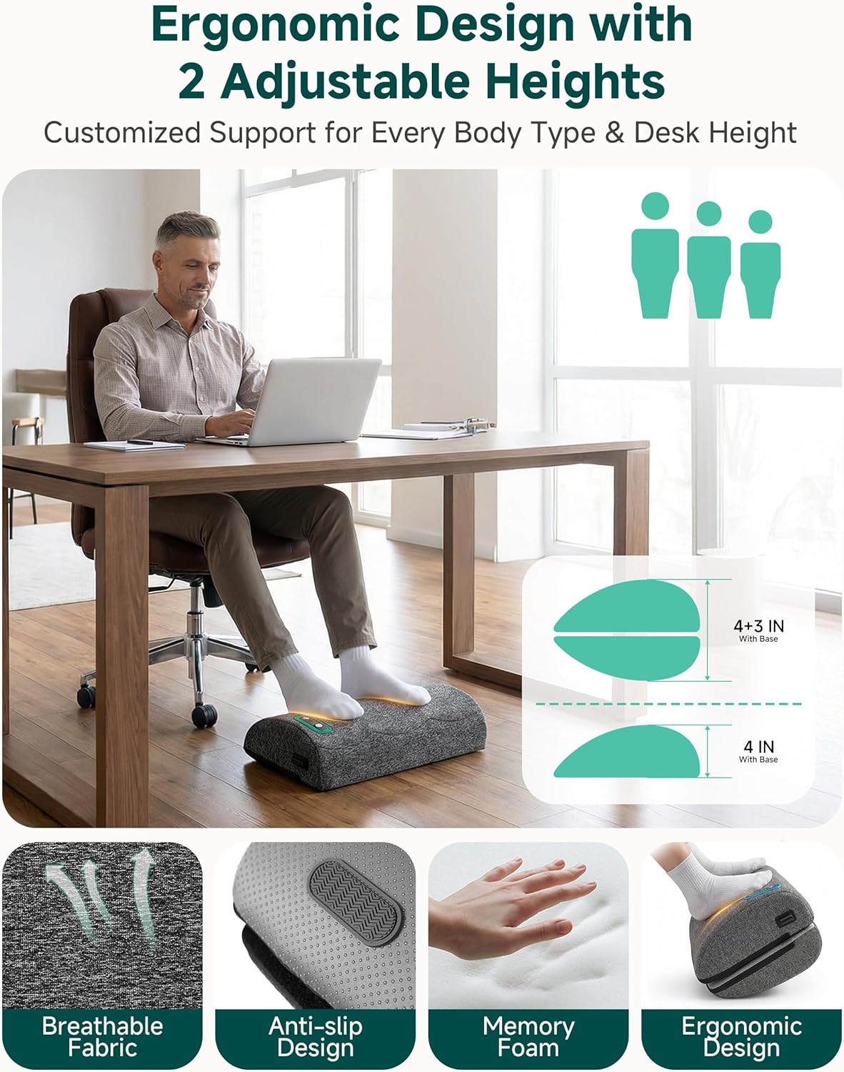 Vibration Foot Rest with Heat & Swing Function, Adjustable Ergonomic Footrest for Under Desk, 3 Graphene Heat Levels, 3 Massage Modes, Timer, Office & Home Relaxation Foot Stool