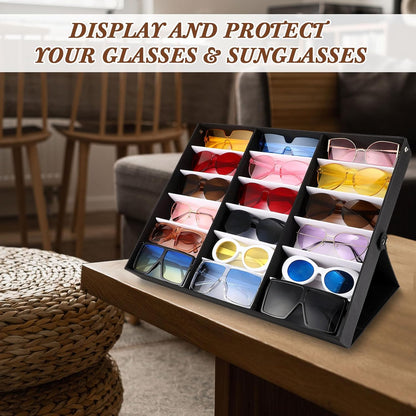 Soaoo 3 Pcs 18 Slot Sunglasses Organizer Storage Holder Eyeglasses Display Case Tray with Stand Fabric Lined Jewelry Storage Box