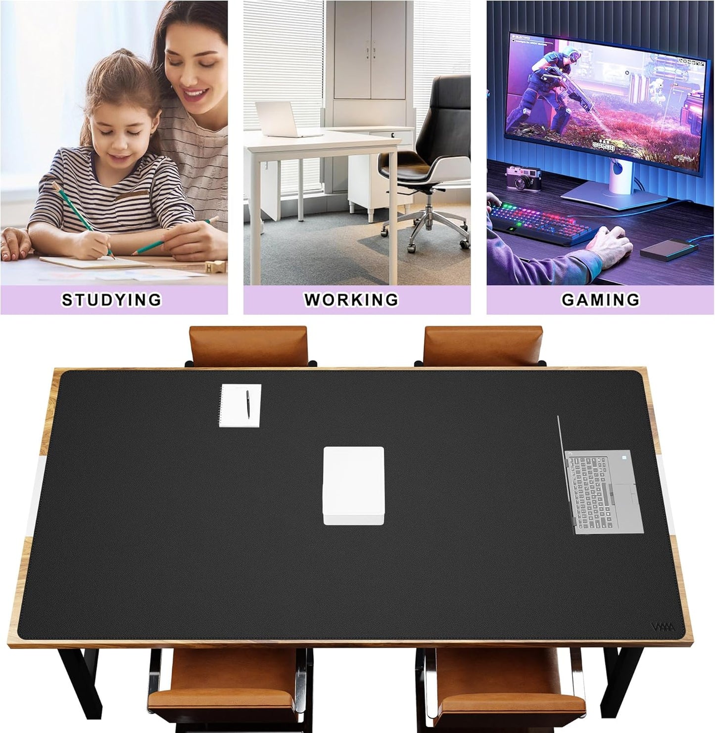Vyaaa PU Leather & Cork Desk Mat, 39.4"x15.7" Dual Sided Computer Desk mat, Waterproof Large Mouse Pad, Non-Slip Office Desk pad, Office Desk Protector for Work/Gaming/Home (Black)