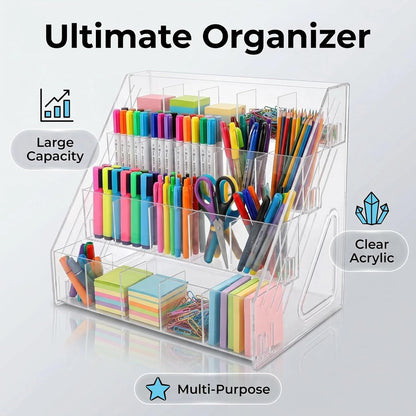 3-Tier Acrylic Desk Organizer, Multi-Slot Marker & Pen Storage Holder, Clear Vertical Desktop Stationery Rack for Small Art Supplies, Compact Office & Home Workspace Organizer