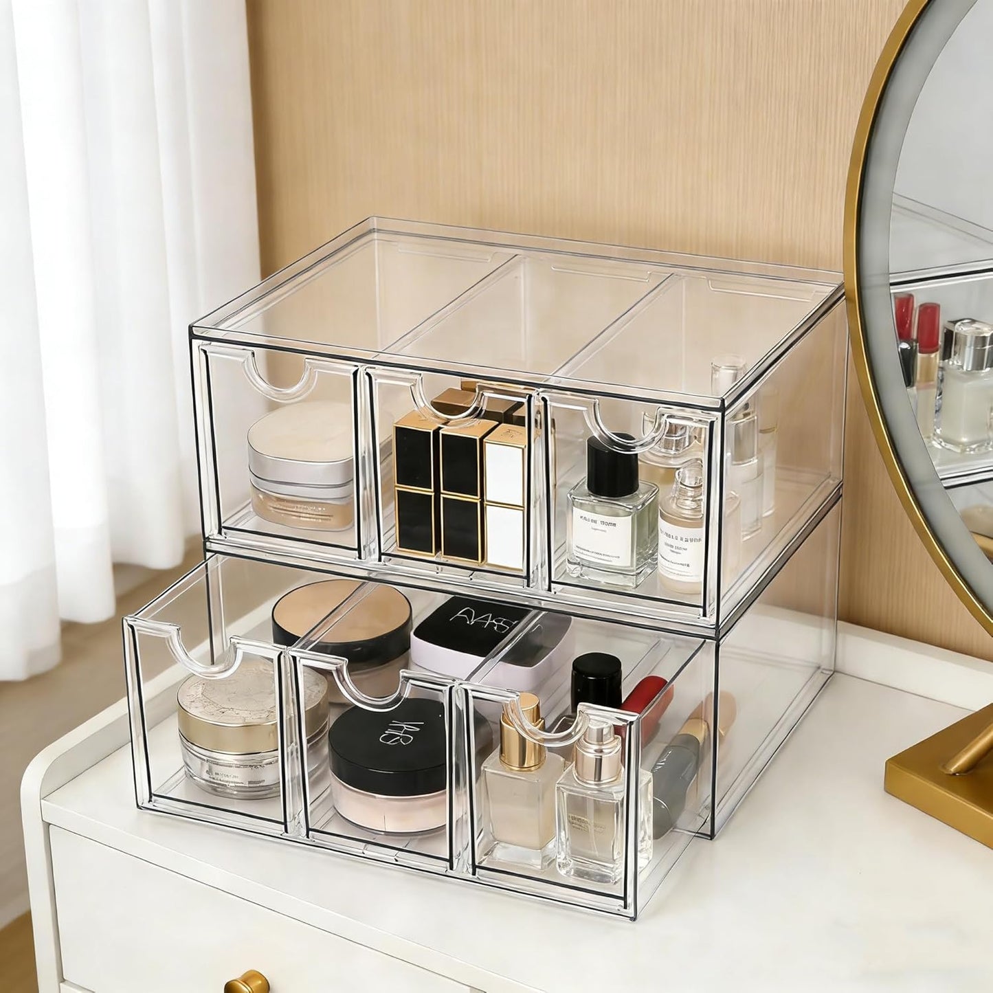 Prsildan Acrylic Drawer Makeup Organizer with 6 Drawers (Not for Baby Bottle), Set of 2 Office Desk Organizers Accessories, Clear Stackable Storage Drawers for Vanity, Craft (Largest Drawer 4" Tall)