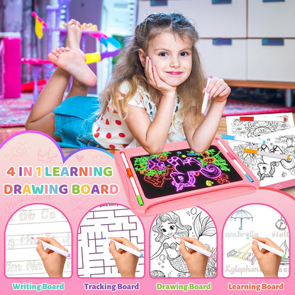 LED Drawing Board, Magic Kids Toys for Boys 4-6, Christmas Birthday Gifts, Light Up Tracing Pad, 9 Double-Sided Cards, 6 Markers, Glow in The Dark Doodle Writing Tablet, Learning Toy Arts Crafts Kits