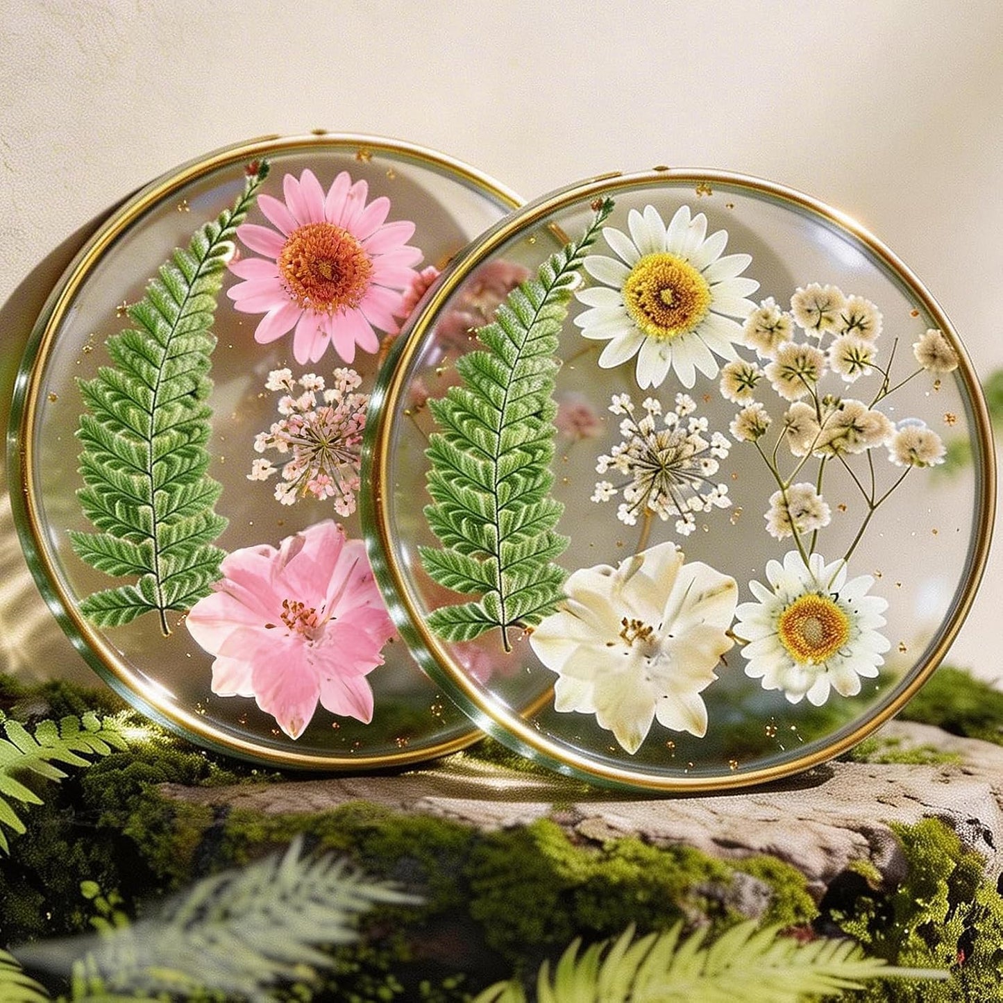 Oqplog Resin Drink Coaster for Desk Coffee Table-White Cute Dried Flowers Cup Coaster for Work Office Home Outdoor Decor Gifts for Girls Women,1 Pcs