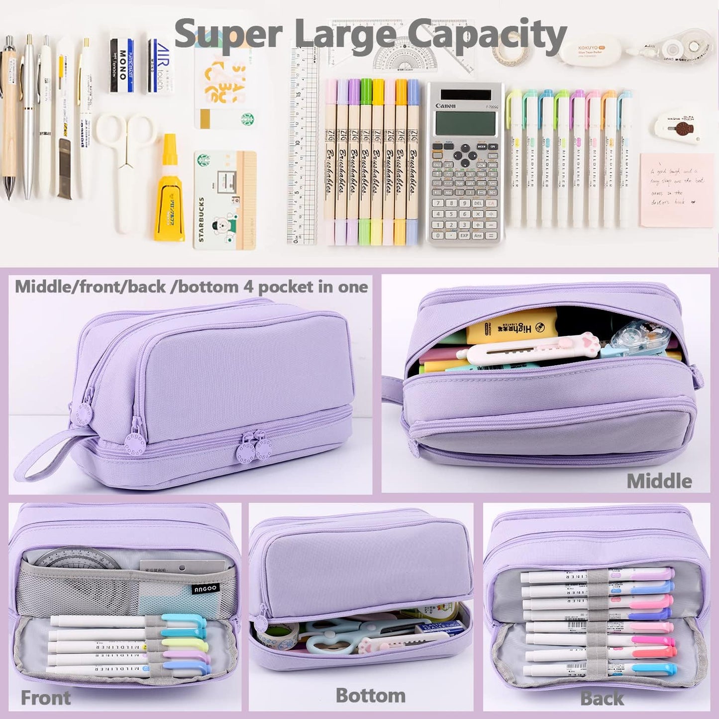 MAMUNU Large Capacity Pencil Case 4 Compartments, Pencil Pouch Bag with Zipper Portable Handle, Pen Case Bag Stationery Organizer for Office College School Adults Teen Girls Boys Men Women, Black