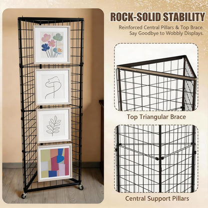 Grid Wall Panels Foldable Gridwall Display Stand 3-Sided Triangular with Wheels, Rolling Wire Grid Tower for Craft Show, Retail & Vendor Event(24" x 68")