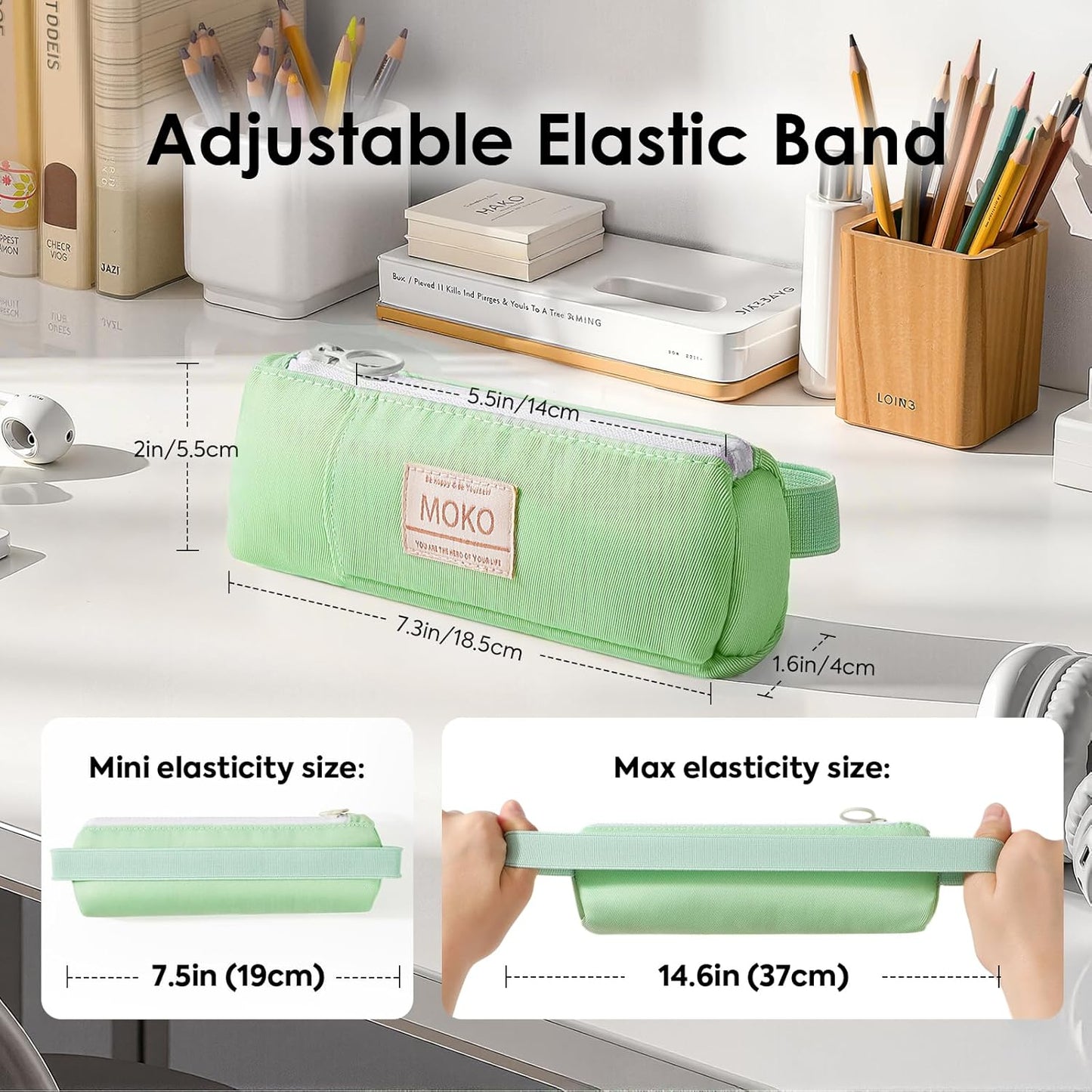 MoKo Pen Holder for Notebook, Pencil Pouch with Adjustable Elastic Band, Slim Portable Zipper Pen Pouch Holder for Planners, Journals, Book, Pink