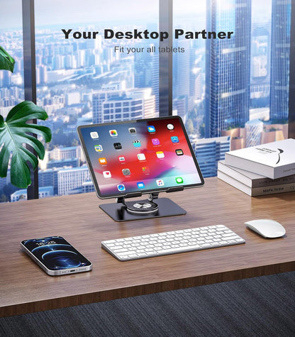 JOIOT Swivel Tablet Stand with 360 Rotating Base, Adjustable Holder for Drawing, Compatible with iPad Pro/Air/Mini and More (Black)