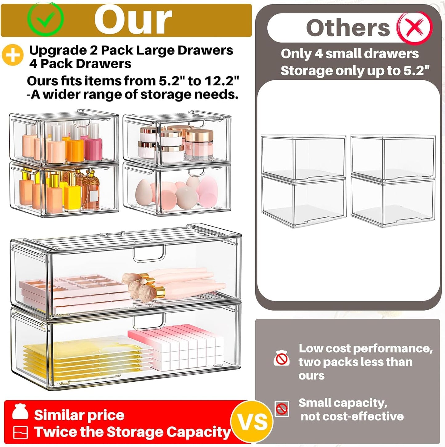 caktraie 6 Pack Small Clear Stackable Acrylic Storage Boxes for Art Tool & Sketch, Stroage Drawers, Makeup Organizer, Plastic Storage Bins For Vanity, Kitchen Cabinets, Pantry, Home Organization