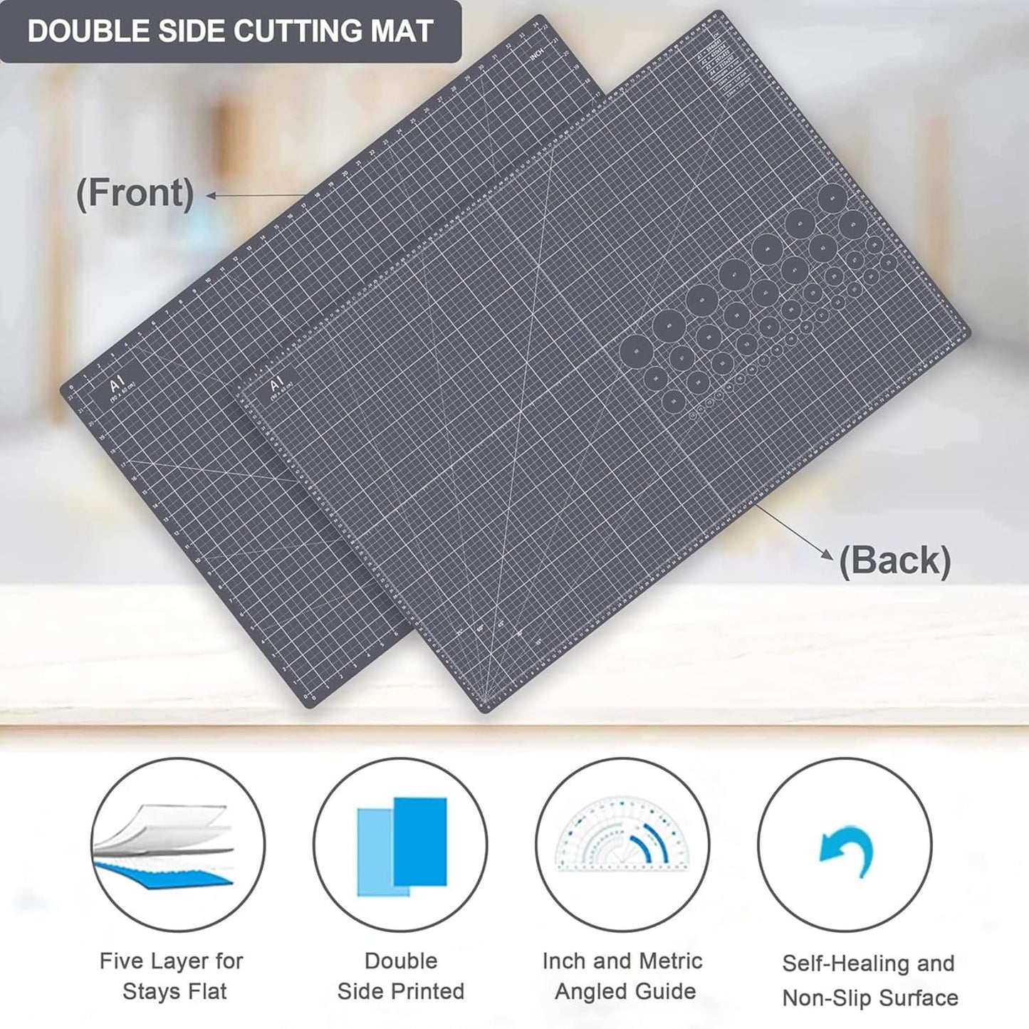 HEADLEY TOOLS 18" x 24" Thickened Self Healing Cutting Mat, A2 Rotary Cutting Sewing Mat for Crafts, Double Sided 5-Ply Table Cutting Board for Fabric Quilting Leather Arts Hobby Project, Grey/Black