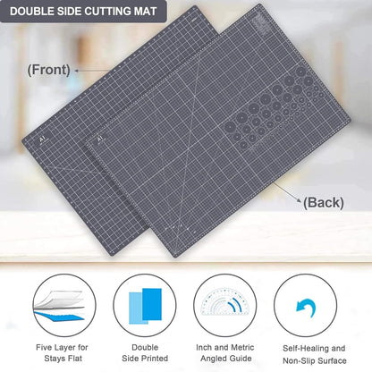 HEADLEY TOOLS 18" x 24" Thickened Self Healing Cutting Mat, A2 Rotary Cutting Sewing Mat for Crafts, Double Sided 5-Ply Table Cutting Board for Fabric Quilting Leather Arts Hobby Project, Grey/Black