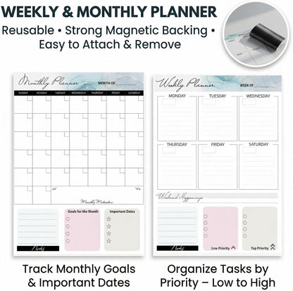 Black Magnetic Dry Erase Whiteboard 12 x 16 Double Sided, Portable Planner Board with Weekly Monthly Sheets, Write and Wipe to Do List Board, Includes 3 Markers Eraser 2 Magnets