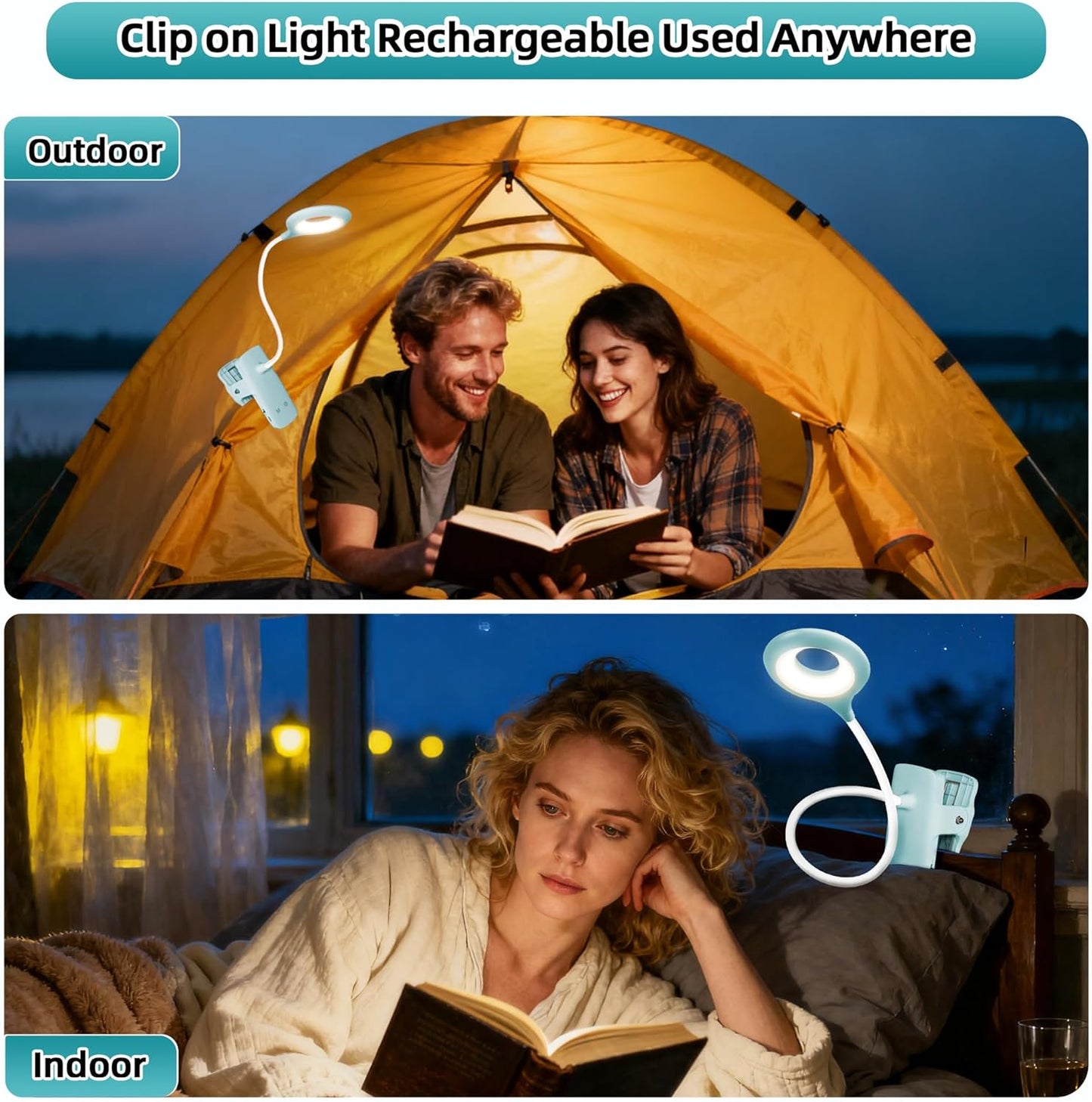 Akynite Desk Lamp LED Clip on Light, 5 Modes 5 Brightness Dimmable Clamp Light, Rechargeable Battery Flexible Clip on Reading Lamp for Bed Headboard Bunk Bed at Night for Kids (Black)