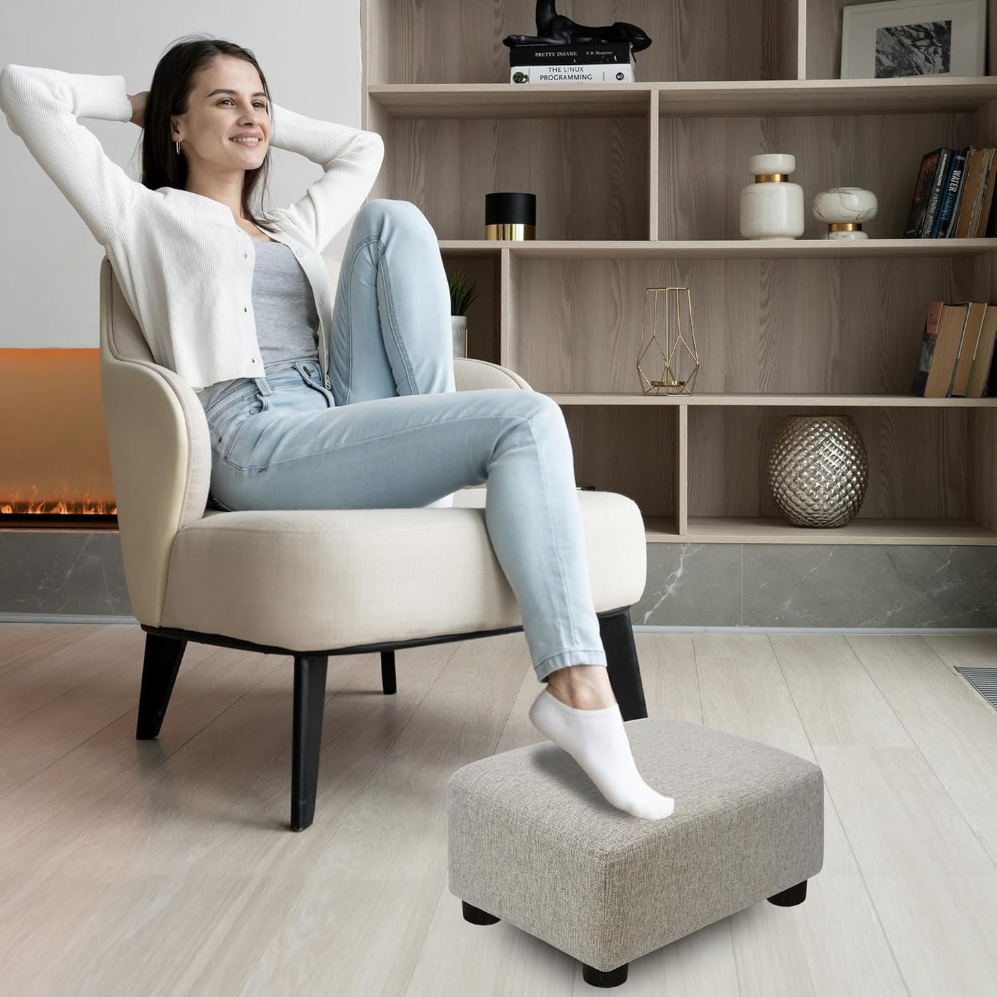 CAROLMADE Small Foot Stool Ottoman Footstool with Legs Under Desk Footrest for Living Room Bedroom and Office, Soft Ivory White