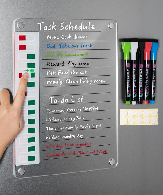 Magnetic Acrylic Dry Erase Board for Fridge, to Do List White Board with Sliding Buttons, 12"X8.2" Clear Chore Chart for Adults, Reusable Refrigerator Whiteboard Includes 5 Markers (White Line)