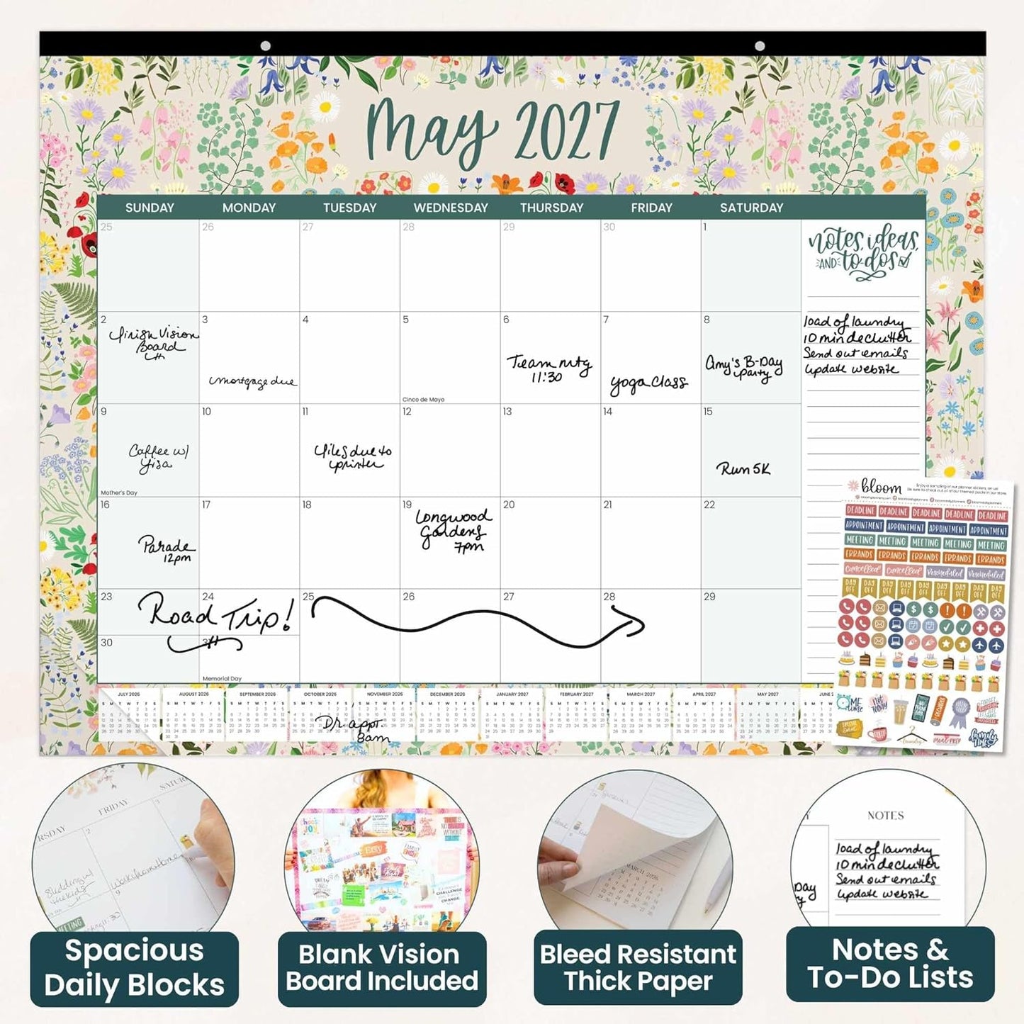 bloom daily planners Desk Calendar 2026-2027 - Academic Year Large Wall Calendar (July 2026 - July 2027) - 21” x 16” Desktop & Hanging Monthly Planner with Stickers for Home or Office - Seasonal