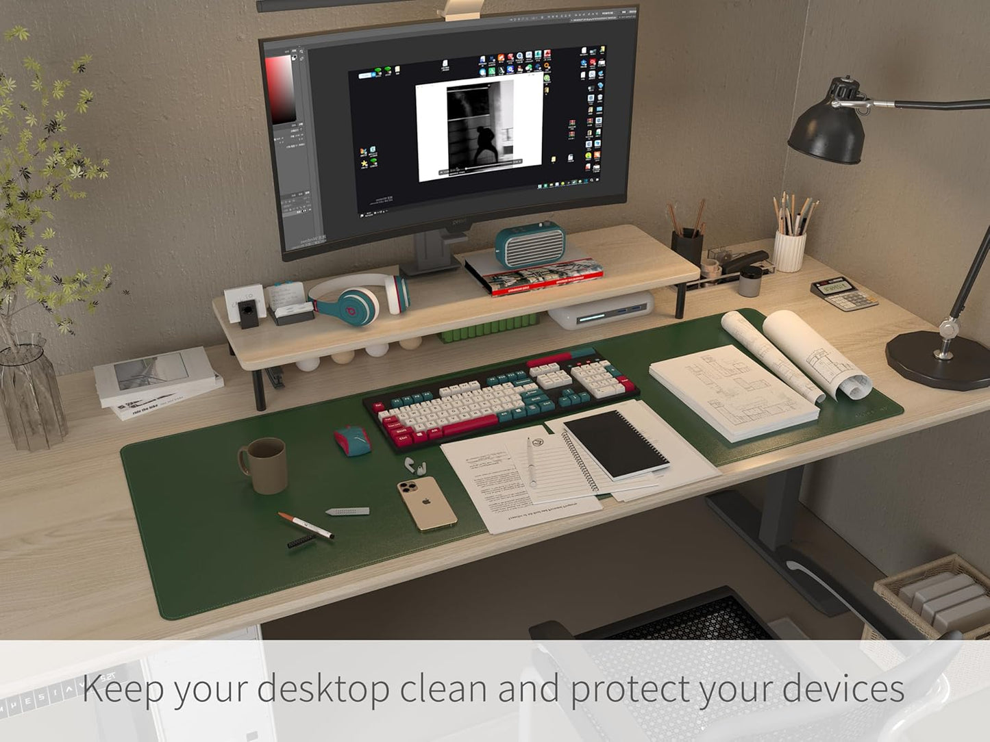RENMTURE Dual-Sided Mouse Pad, Natural Cork & PU Leather Large Desk Pad for Office and Home Work, Desk Protector Non-Slip, Waterproof, Easy Clean (Olive Green, 32"x16")