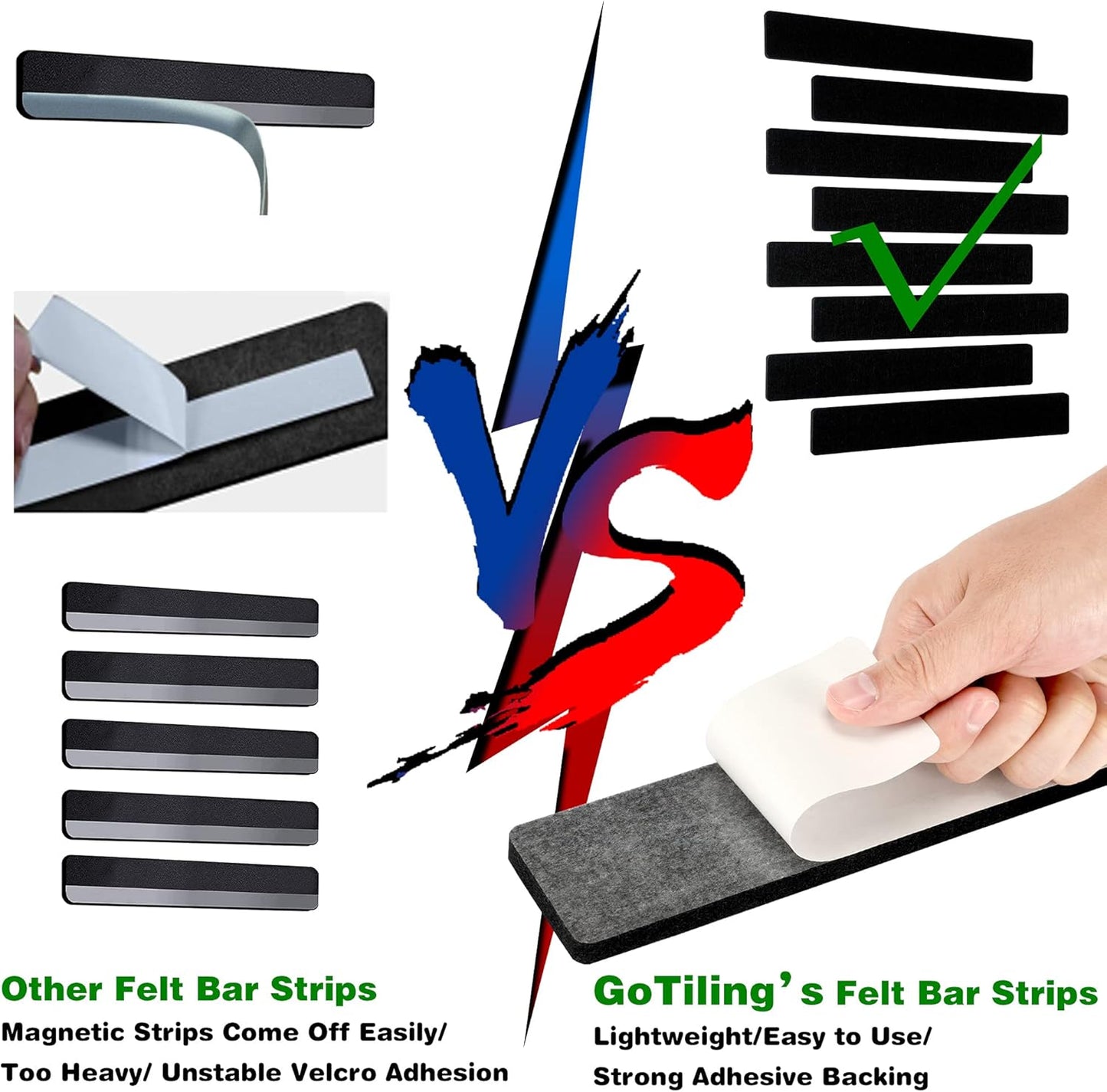 Cork Board for Walls - 8 Pack Felt Pin Board Bar Strips - Self-Adhesive Lightweight Bulletin Board - Cork Board for Office with 40 Push Pins No Damage for Wall