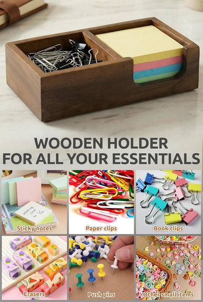 Demigo Wooden Sticky Note Holder for Desk – Solid Acacia Wood Organizer for 3x3 Note Pads, Paper Clips, Office Supplies – Compact Memo Pad Holder for Home Office, Teachers