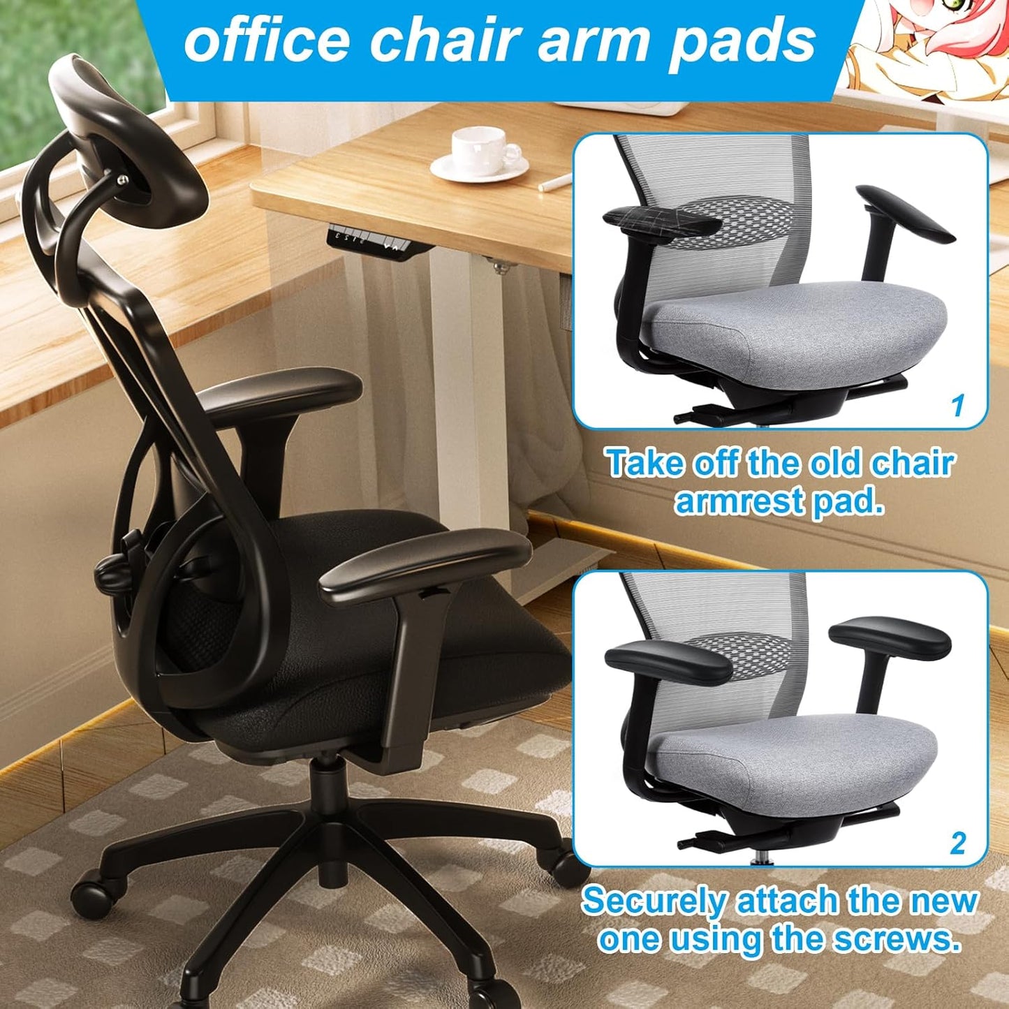 STARVAST 2 Pair Office Chair Arm Rest Replacement, Gaming Chair Arm Rest Pads Universal 4" Mounting Hole, Office Chair Arm Pads with Screws, Office Chair Replacement Parts