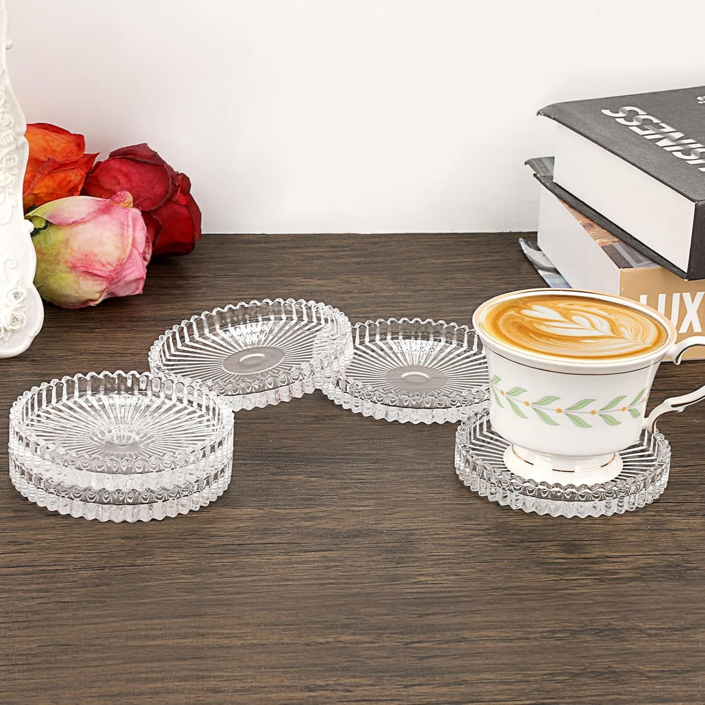 Modern Clear Coasters Set of 5- Glass Cute Coasters for Drinks Crystal Coaster Round Chic Cup Mat Cute Coffee Table Coaster for Kitchen, Bar, Dining Room, Living Room, Patio(Amber)