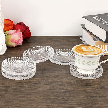 Modern Clear Coasters Set of 5- Glass Cute Coasters for Drinks Crystal Coaster Round Chic Cup Mat Cute Coffee Table Coaster for Kitchen, Bar, Dining Room, Living Room, Patio(Amber)
