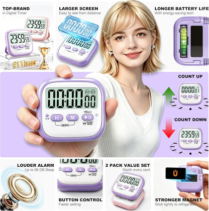 Antonki 2 Pack Classroom Timers for Kids Teachers, Magnetic Countdown Digital Kitchen Timer for Cooking, Study, Exercise, Games, Time Mangement - Loud/Silent Mode - Battery Included