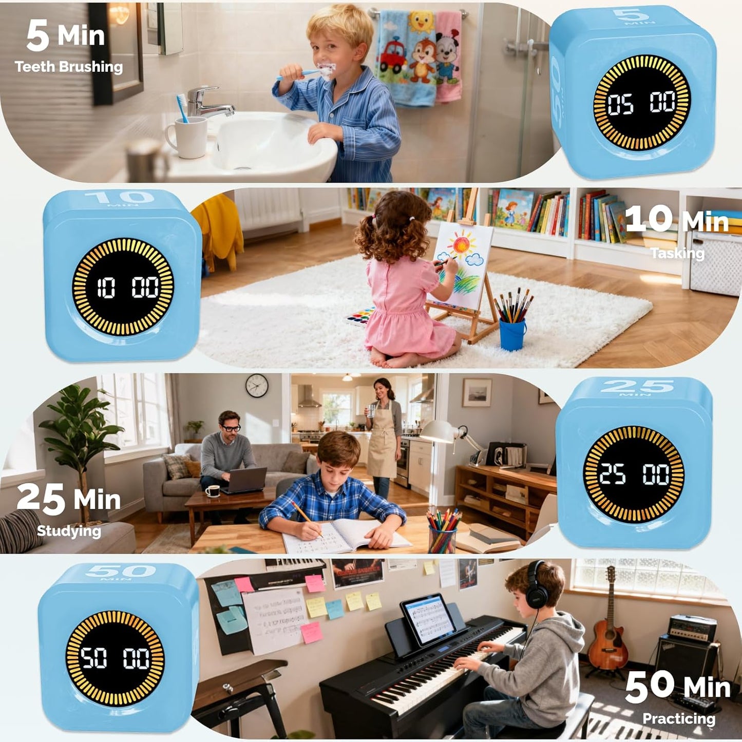 KADAMS Pomodoro Timer Visual - Productivity Pomodoro Cube, 5/10/25/50 Min Countdown & Countup, Silent – Ideal for Work Study Cook Workout Kitchen School Classroom Office ADHD Gift Kids (1, Black)