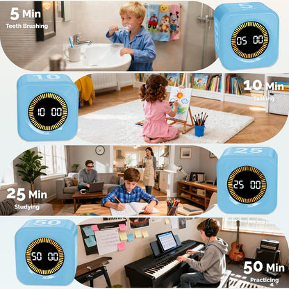KADAMS Pomodoro Timer Visual - Productivity Pomodoro Cube, 5/10/25/50 Min Countdown & Countup, Silent – Ideal for Work Study Cook Workout Kitchen School Classroom Office ADHD Gift Kids (1, Black)