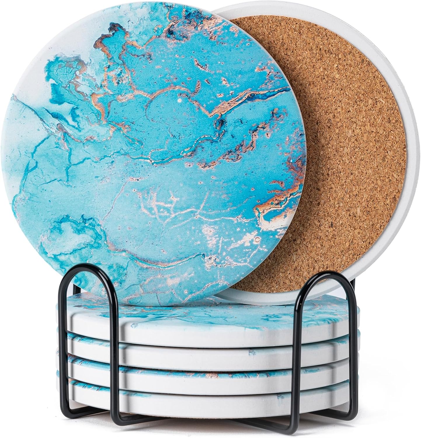 6Pcs Drink Coasters with Holder, Marble Style Ceramic Drink Coaster, Absorbent Coasters Set Suitable for Kinds of Cups, Modern Style Coaster for Coffee Table, 4 Inches