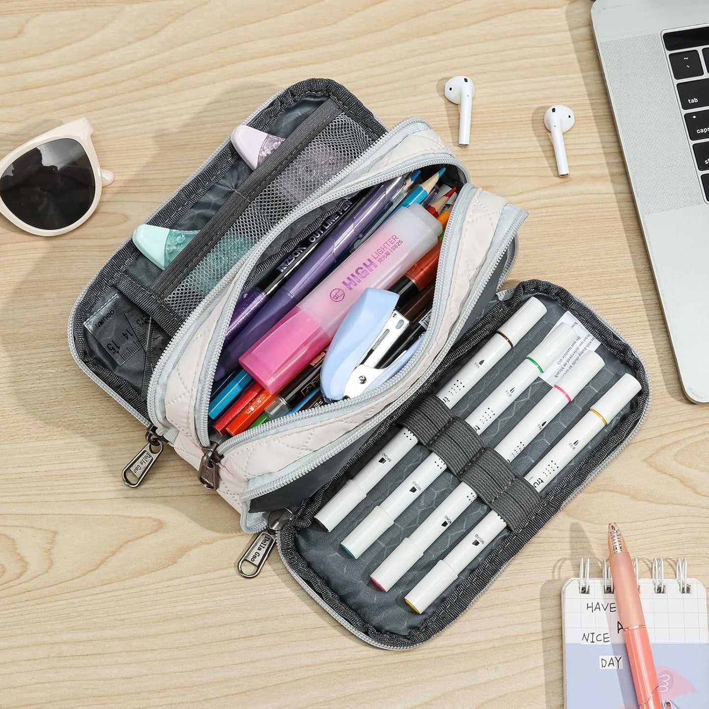 Della Gao Large Pencil Case, Big Capacity Pencil Pouch with 2 Compartments, Office Pencil Bag with Zipper, Big Pen Case for Adults (01-Black)