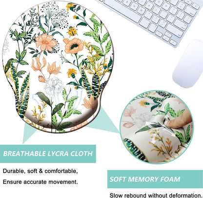 Mouse Pad with Wrist Support, Ergonomic Mouse Pad with Memory Foam Wrist Rest Cushion, Non-Slip Rubber Base Gaming Mice Pad for Home Office Computer Laptop, Flowers Grass