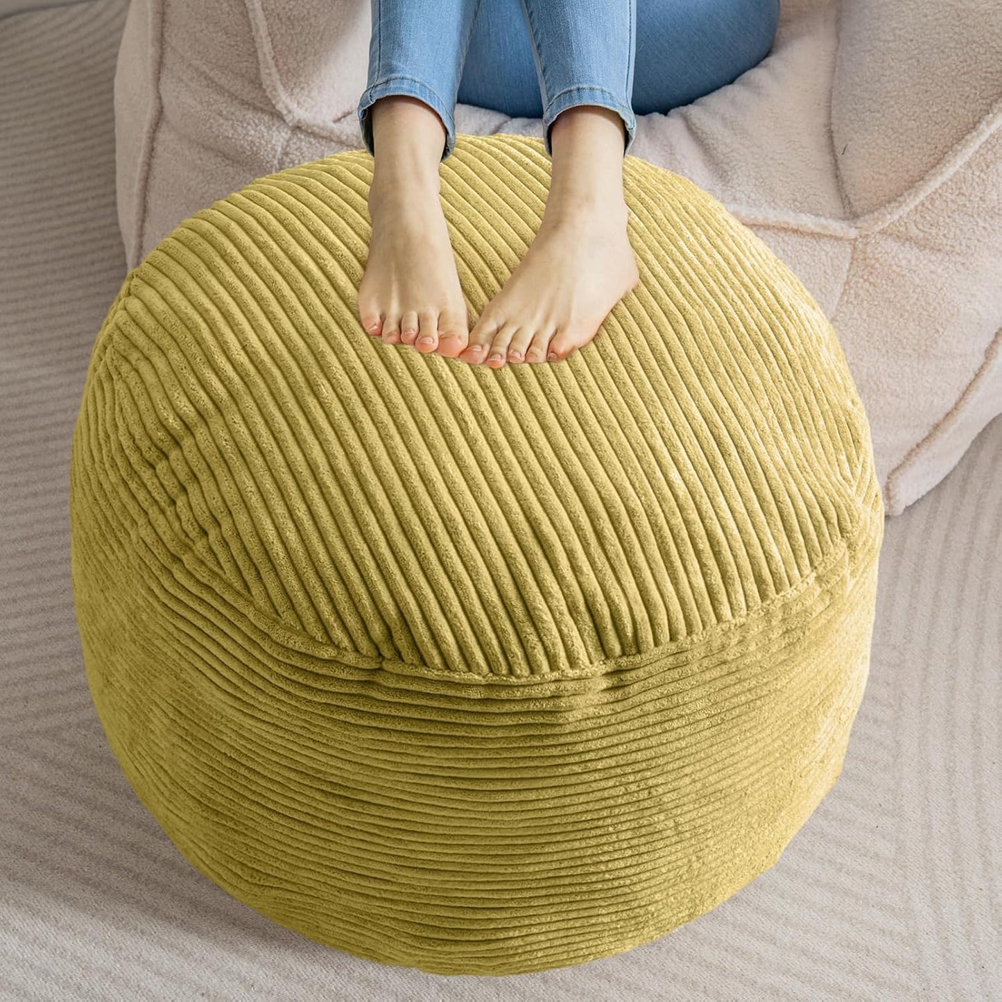 HIGOGOGO Round Stuffed Pouf Ottoman, Corduroy Poufs with Foam Chunk Filling, Furry and Fluffy Pouf Foot Stool Storage Ottoman, 20 X 15 Floor Poufs Foot Rest for Living Room, Dark Grey