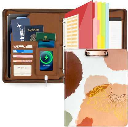 Ospelelf Zippered Padfolio Organizer, Faux Leather 3 Ring Binder with Clipboard, Letter Size Business Portfolio with Notepad, Tablet Sleeve & Phone Pockets for Office Work Brown