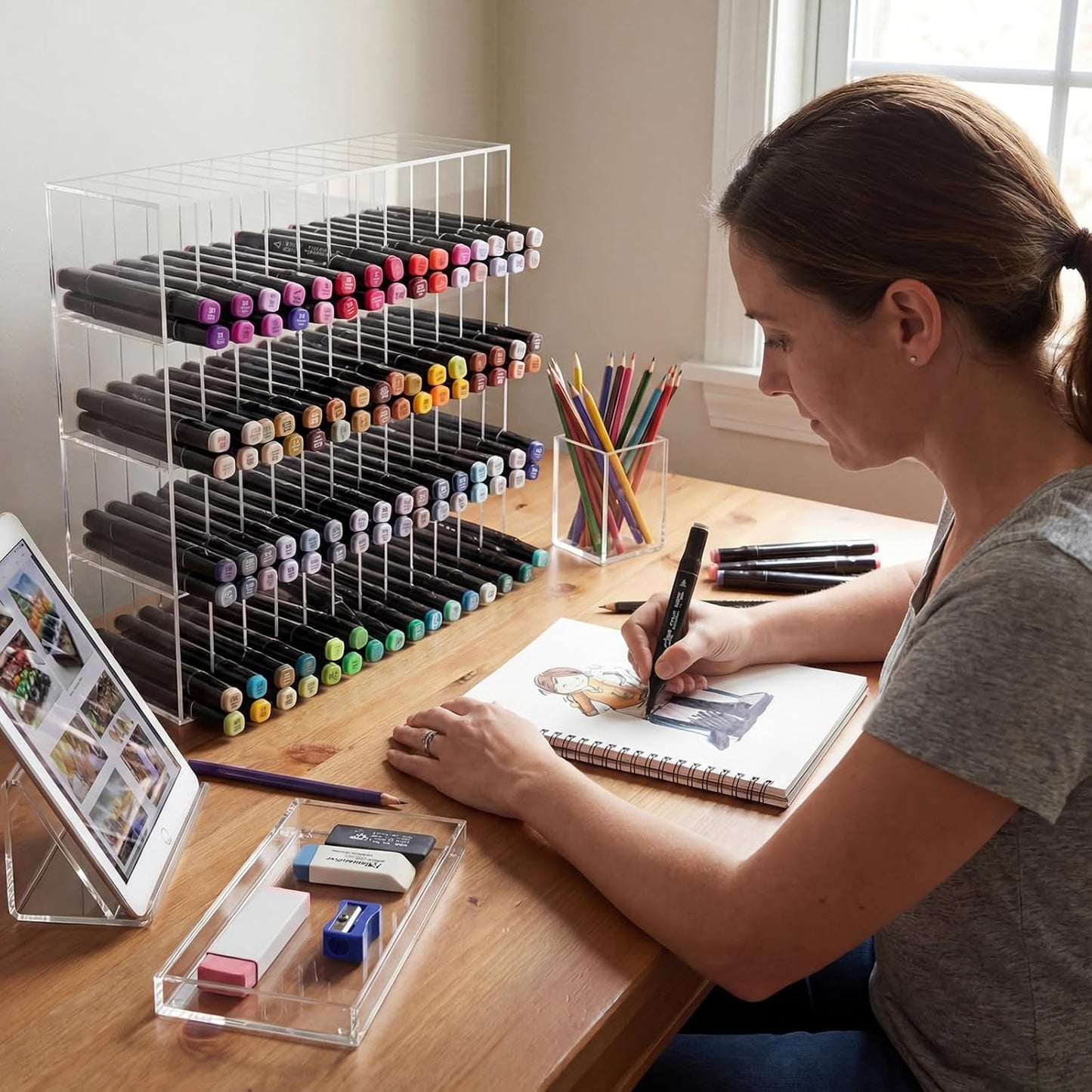 Colingmill Acrylic Marker Organizer for 480 Markers, Extra Large Art Marker Storage Rack for Desk, Durable Pencil Holder Desk Storage for Artists Teachers Students Office Birthday Gifts(Large)