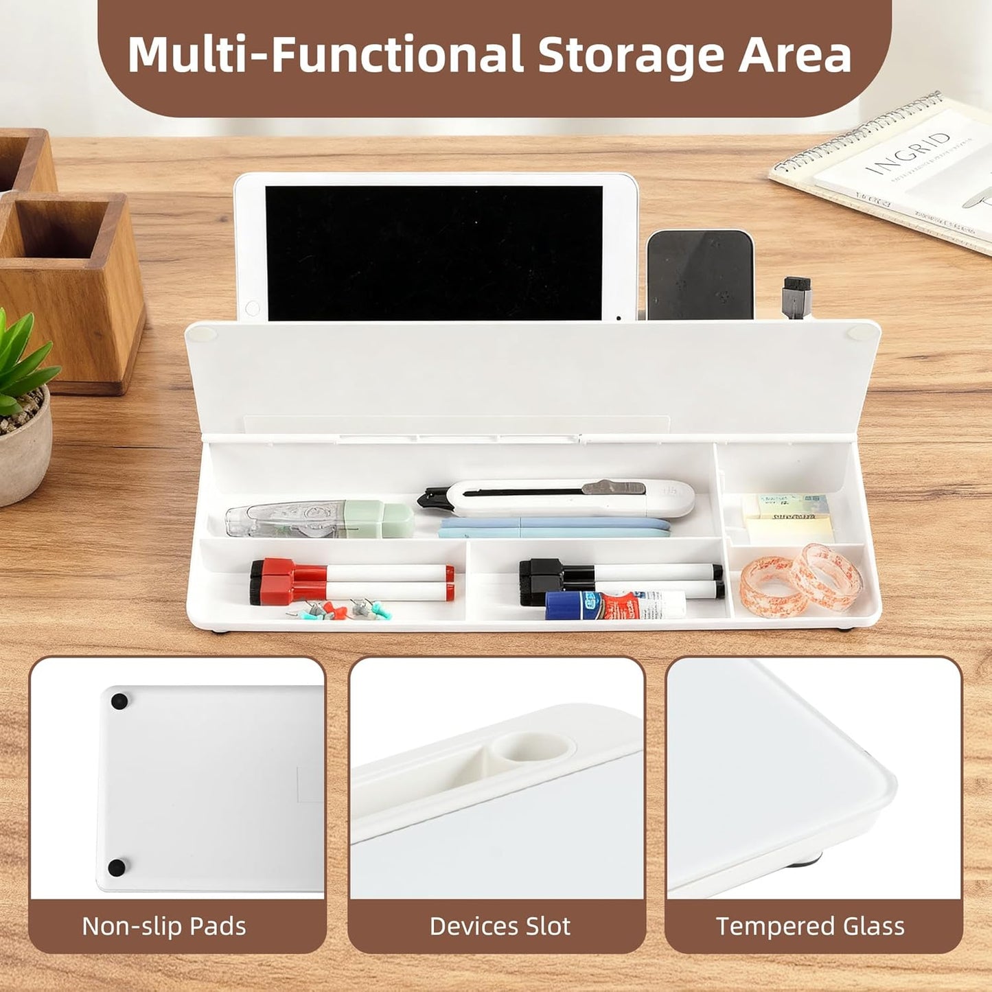 VUSIGN Small Dry Erase Board with Storage, 6.8" x 15.8" Glass Desk Whiteboard, Desk Board with Computer Keyboard Stand & Built-in Drawer, Includes 4 Markers, 1 Eraser for Office, Home, School