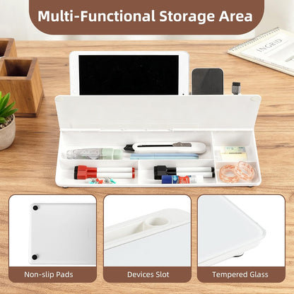 VUSIGN Small Dry Erase Board with Storage, 6.8" x 15.8" Glass Desk Whiteboard, Desk Board with Computer Keyboard Stand & Built-in Drawer, Includes 4 Markers, 1 Eraser for Office, Home, School