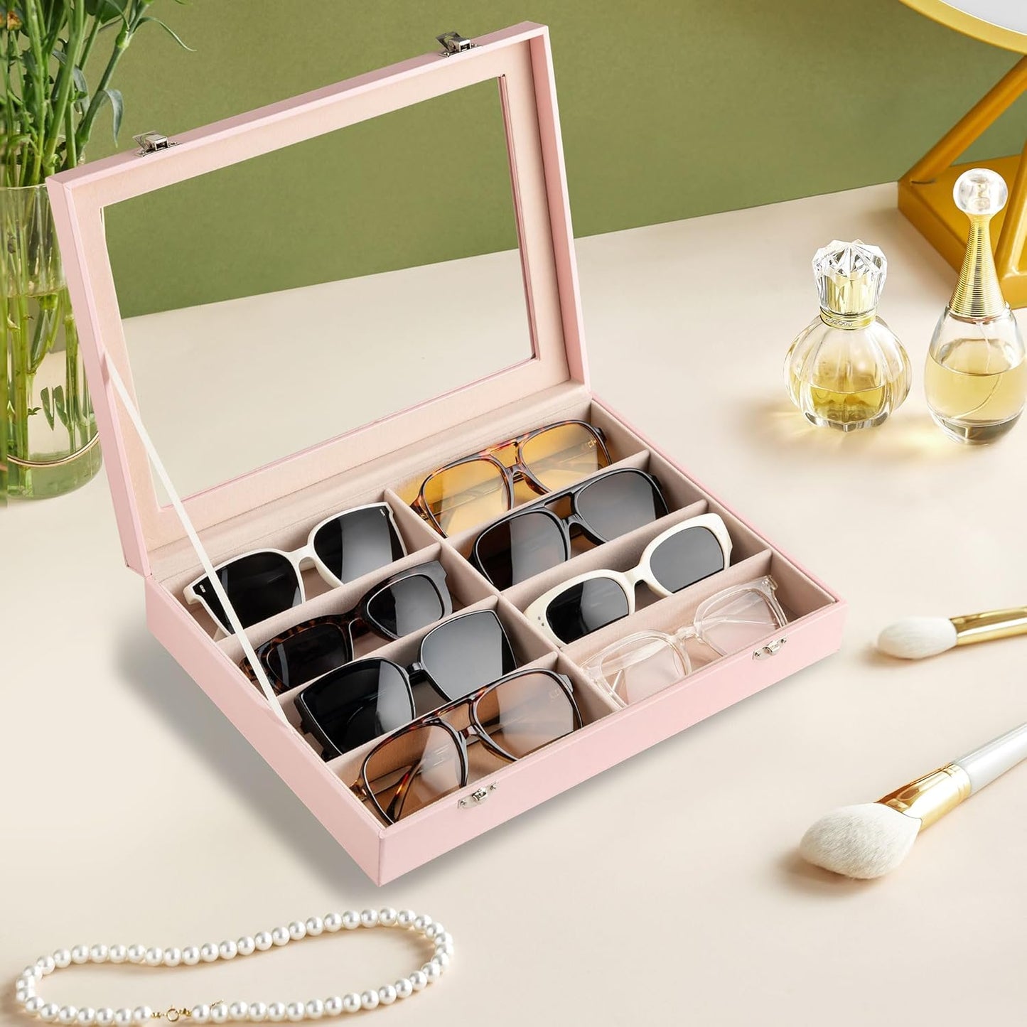 Frebeauty Sunglass Organizer,PU Leather Glasses Organizer,8-Slot Sunglasses Tray,Men's/Women's Sunglasses Box,Sunglass Case,13.3 x 9.6 x 1.5 Inches,Eyeglass/Eyewear Display Tray(Grey)