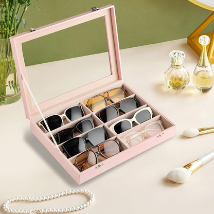 Frebeauty Sunglass Organizer,PU Leather Glasses Organizer,8-Slot Sunglasses Tray,Men's/Women's Sunglasses Box,Sunglass Case,13.3 x 9.6 x 1.5 Inches,Eyeglass/Eyewear Display Tray(Grey)