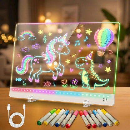 Rechargeable LED Drawing Board for Kids, 17-Inch Glow Doodle Drawing Pad with 7 Colors & 4 Light Modes, Neon Light Up Acrylic Dry Erase Note Board with Stand, Hanging Chain, 12 Markers, 2 Pack