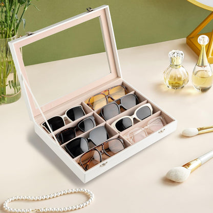 Frebeauty Sunglass Organizer,PU Leather Glasses Organizer,8-Slot Sunglasses Tray,Men's/Women's Sunglasses Box,Sunglass Case,13.3 x 9.6 x 1.5 Inches,Eyeglass/Eyewear Display Tray(Grey)
