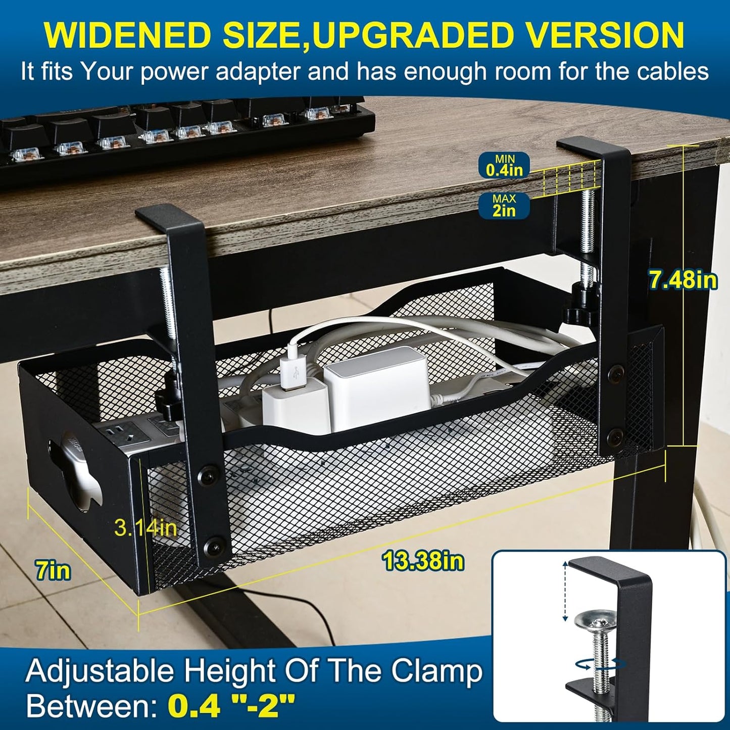Extra Wide Under Desk Cable Management - 7inch No Drill Installation Cable Management Tray, Clamp/Screw Mount Desk Cable Management, Cable Management Tray for Office, Home((White, XL)