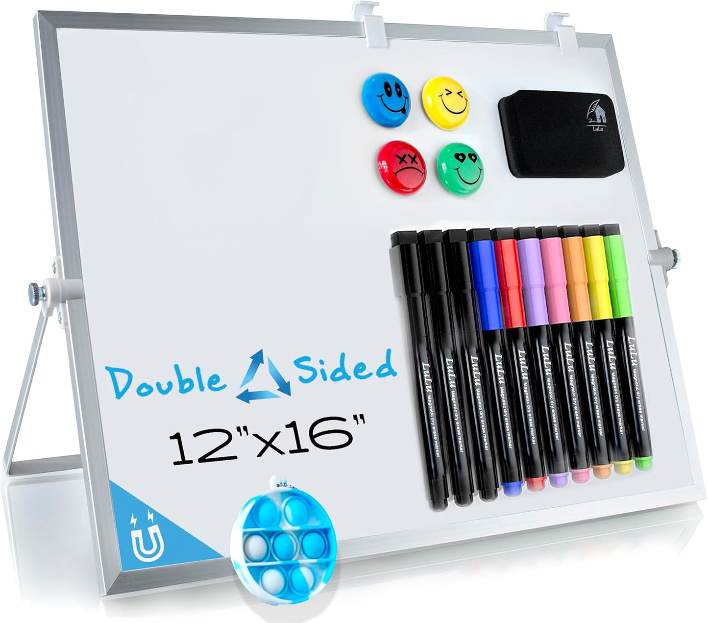 Dry Erase White Board for Desktop & Wall 12"x16" with 2 Magnetic Removable Planners - Weekly & Monthly to Do List Board with Stand, 6 Markers Eraser & Wall Hangers - Portable Double Sided Magnetic