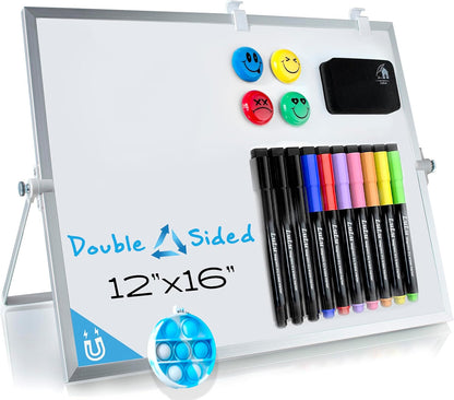 Dry Erase White Board for Desktop & Wall 12"x16" with 2 Magnetic Removable Planners - Weekly & Monthly to Do List Board with Stand, 6 Markers Eraser & Wall Hangers - Portable Double Sided Magnetic