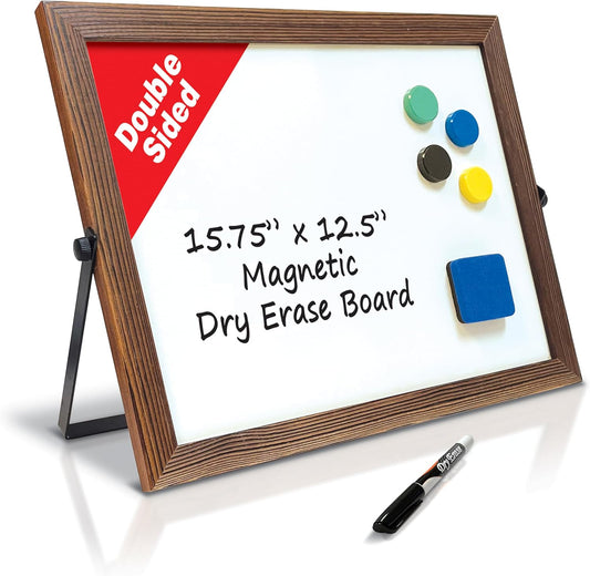 Wooden Framed Double Sided Magnetic Whiteboard with Folding Metal Stand, 16" x 12.5", Rustic Brown Color, Portable Desktop Dry Erase Board, with Marker, Eraser and 4 Magnets