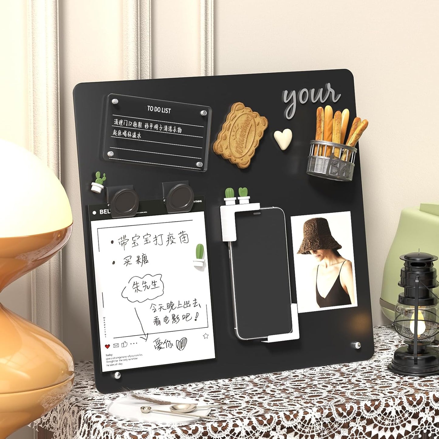 FANXIYQ Black Magnetic Board for Desk, Metal Magnet Display Board for Magnets & Souvenirs, Travel Magnet Board & RV Sticker Board, Magnetic Memo Board with Removable Foot Pads