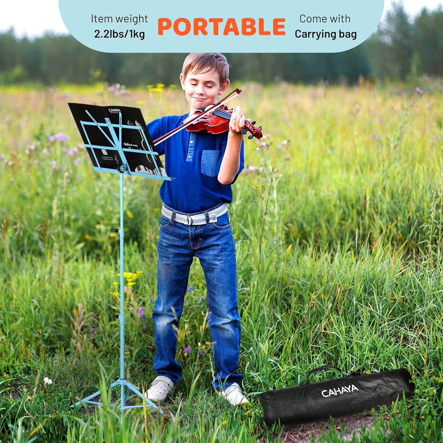 CAHAYA Portable Sheet Music Stand: Dual Use Desktop Book Holder Folding Lightweight Extra Stable Reinforced with Carrying Bag and Clip for Students Musicians Height Adjustable up to 54.3" CMS0204