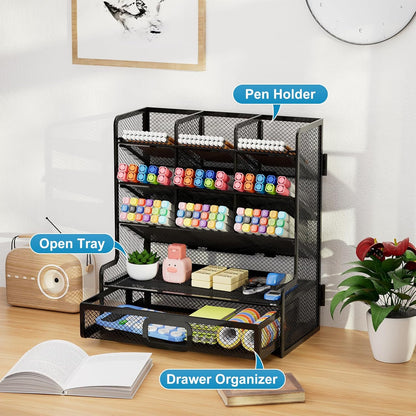 Marbrasse Larger Mesh Desk Organizer with Drawer, Multi-Functional Pen Pencil Holder, Easy Assembly, Desk Organizers and Accessories for Office Art Supplies (Black)