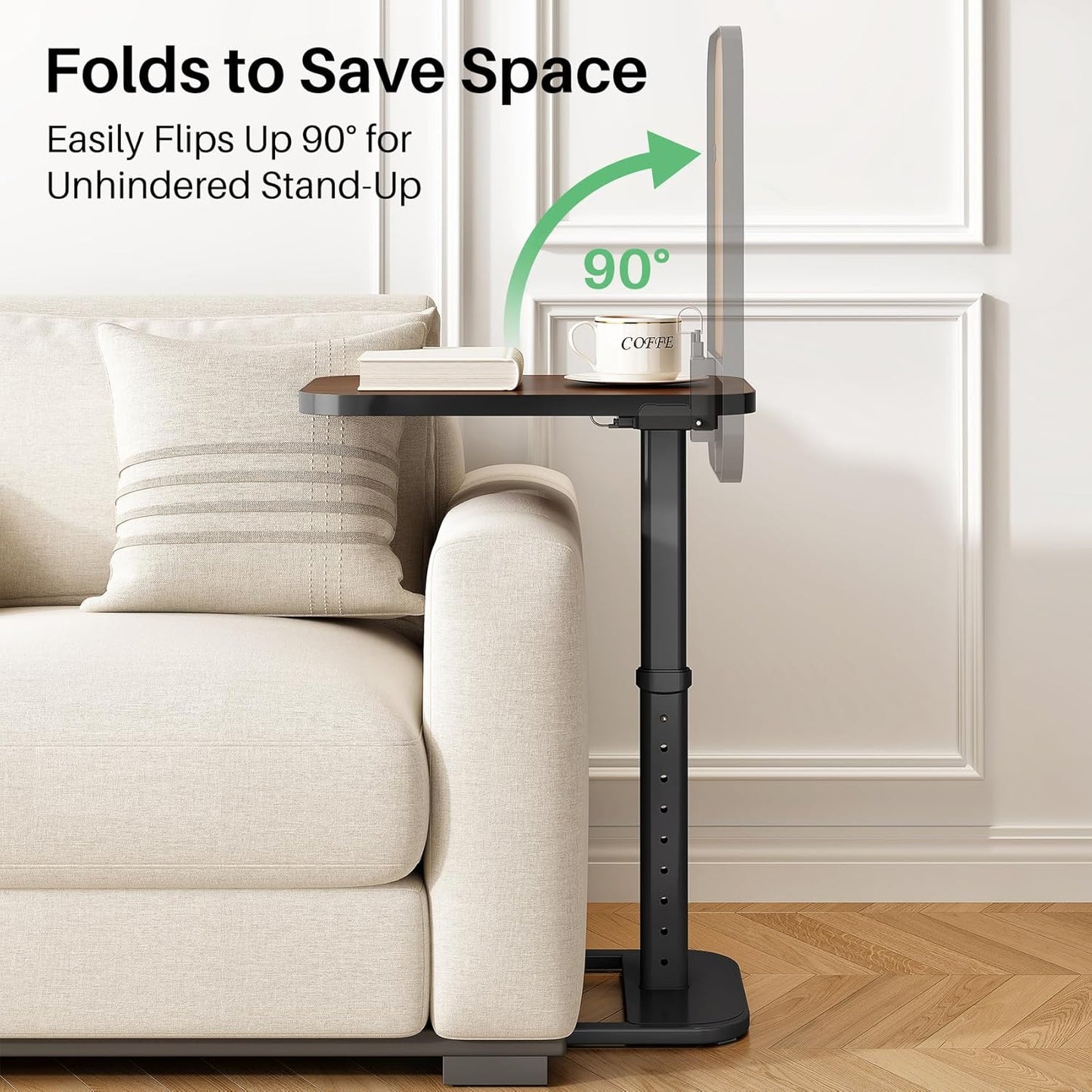 Kitstorack TV Tray Table, Adjustable Height & Flip-Top & Rounded Metal Corners, Snack Table for Couch, Sofa, Bed, Chair, Living Room, C Shaped End Side Table for Eating, Dinner or Laptop, Small Spaces
